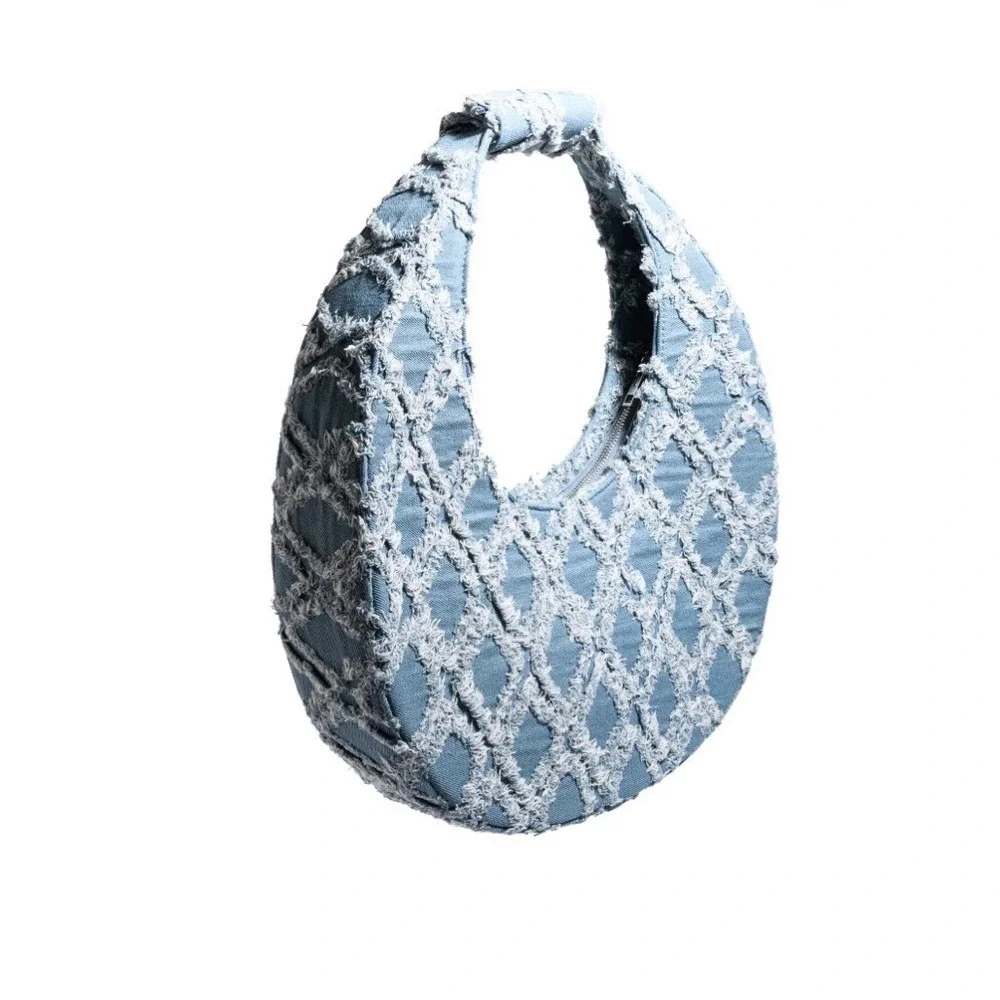 NWT‎ AKIRA Run World Denim Purse Frayed Quilted Patch Crescent Hobo Bag Boho Y2K